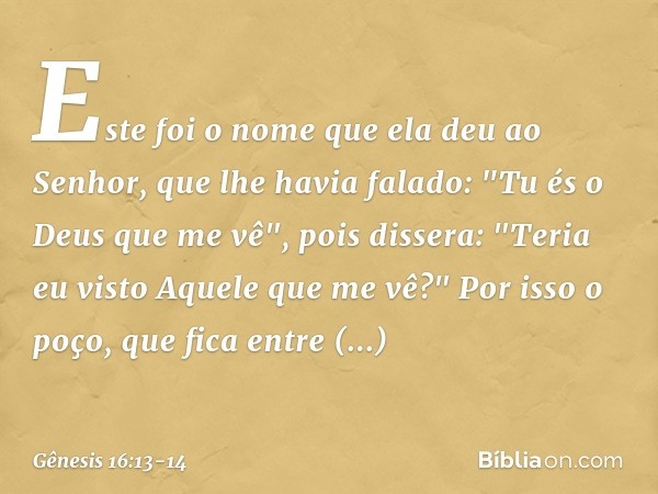 Este foi o nome que ela deu ao Senhor, que lhe havia falado: "Tu és o Deus que me vê", pois dissera: "Teria eu visto Aquele que me vê?" Por isso o poço, que fic