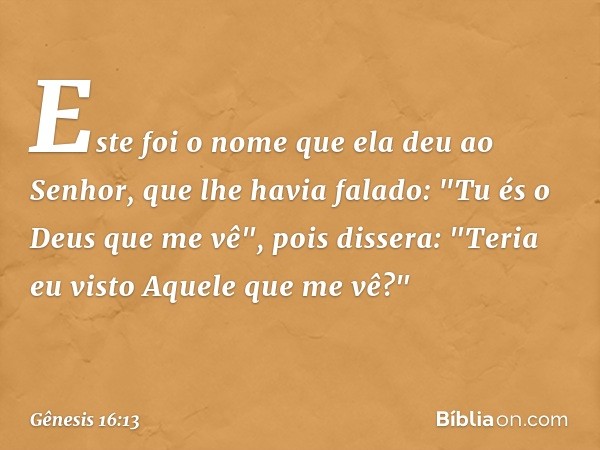 Este foi o nome que ela deu ao Senhor, que lhe havia falado: "Tu és o Deus que me vê", pois dissera: "Teria eu visto Aquele que me vê?" -- Gênesis 16:13