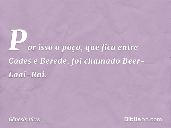 Por isso o poço, que fica entre Cades e Bere­de, foi chamado Beer-Laai-Roi. -- Gênesis 16:14