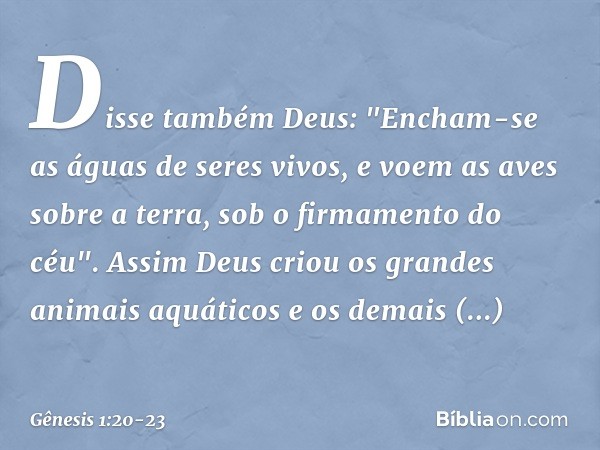 Disse também Deus: "Encham-se as águas de seres vivos, e voem as aves sobre a terra, sob o firmamento do céu". Assim Deus criou os grandes animais aquáticos e