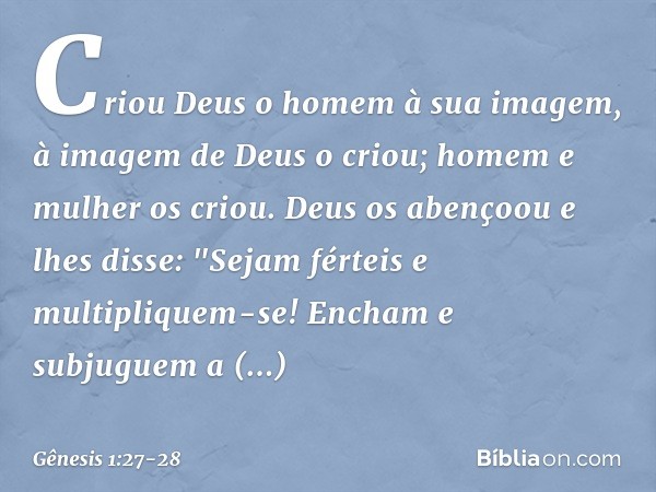 Criou Deus o homem à sua imagem,
à imagem de Deus o criou;
homem e mulher os criou. Deus os abençoou e lhes disse: "Sejam férteis e multipliquem-se! Encham e su