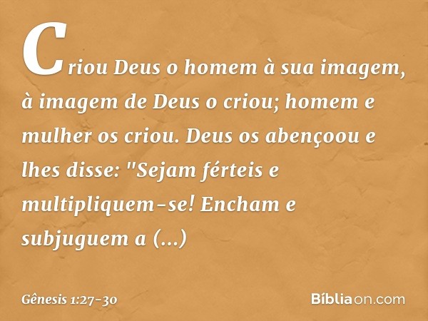 Criou Deus o homem à sua imagem,
à imagem de Deus o criou;
homem e mulher os criou. Deus os abençoou e lhes disse: "Sejam férteis e multipliquem-se! Encham e su