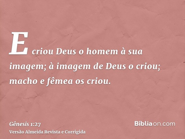 E criou Deus o homem à sua imagem; à imagem de Deus o criou; macho e fêmea os criou.