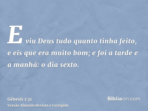 E viu Deus tudo quanto tinha feito, e eis que era muito bom; e foi a tarde e a manhã: o dia sexto.