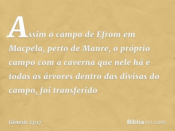 Assim o campo de Efrom em Macpela, perto de Manre, o próprio campo com a caverna que nele há e todas as árvores dentro das divisas do campo, foi transferido -- 