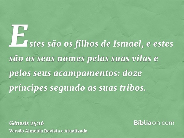 Estes são os filhos de Ismael, e estes são os seus nomes pelas suas vilas e pelos seus acampamentos: doze príncipes segundo as suas tribos.