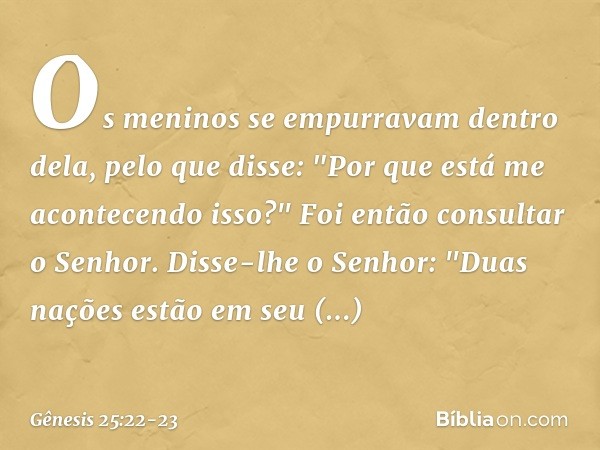 Os meninos se empurravam dentro dela, pelo que disse: "Por que está me aconte­cendo isso?" Foi então consultar o Senhor. Disse-lhe o Senhor:
"Duas nações estão 