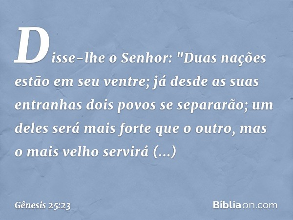 Disse-lhe o Senhor:
"Duas nações estão em seu ventre;
já desde as suas entranhas
dois povos se separarão;
um deles será mais forte que o outro,
mas o mais velho