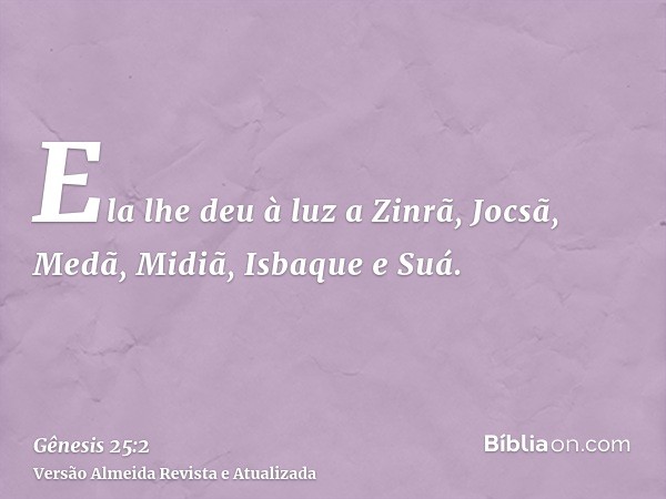 Ela lhe deu à luz a Zinrã, Jocsã, Medã, Midiã, Isbaque e Suá.