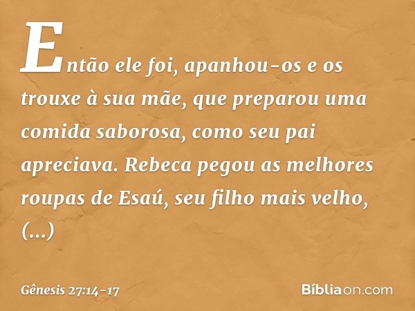 Então ele foi, apanhou-os e os trouxe à sua mãe, que preparou uma comida saborosa, como seu pai apreciava. Rebeca pegou as me­lhores roupas de Esaú, seu filho m
