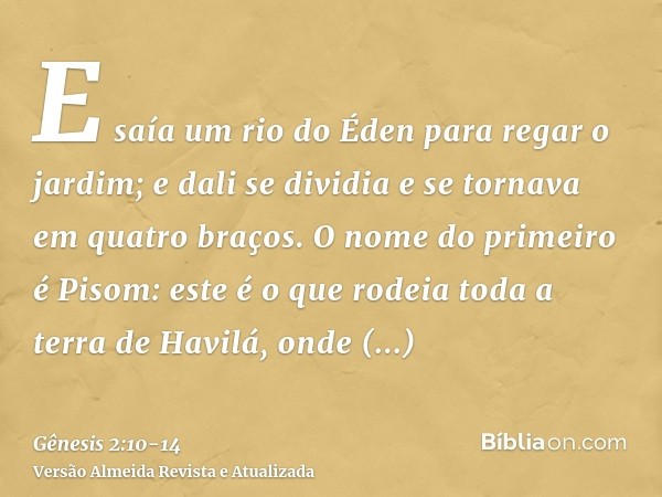 E saía um rio do Éden para regar o jardim; e dali se dividia e se tornava em quatro braços.O nome do primeiro é Pisom: este é o que rodeia toda a terra de Havil