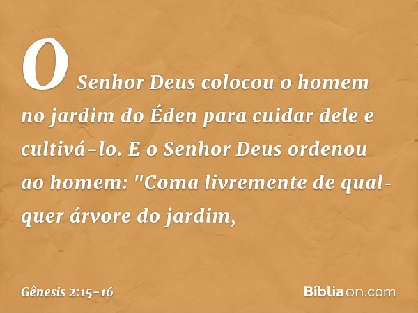 O Senhor Deus colocou o homem no jardim do Éden para cuidar dele e cultivá-lo. E o Senhor Deus ordenou ao homem: "Coma livre­mente de qual­quer árvore do jardim