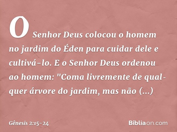 O Senhor Deus colocou o homem no jardim do Éden para cuidar dele e cultivá-lo. E o Senhor Deus ordenou ao homem: "Coma livre­mente de qual­quer árvore do jardim