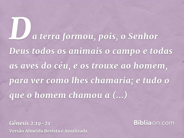 Da terra formou, pois, o Senhor Deus todos os animais o campo e todas as aves do céu, e os trouxe ao homem, para ver como lhes chamaria; e tudo o que o homem ch