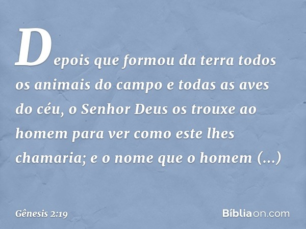 De­pois que formou da terra todos os animais do campo e todas as aves do céu, o Senhor Deus os trouxe ao homem para ver como este lhes chamaria; e o nome que o 