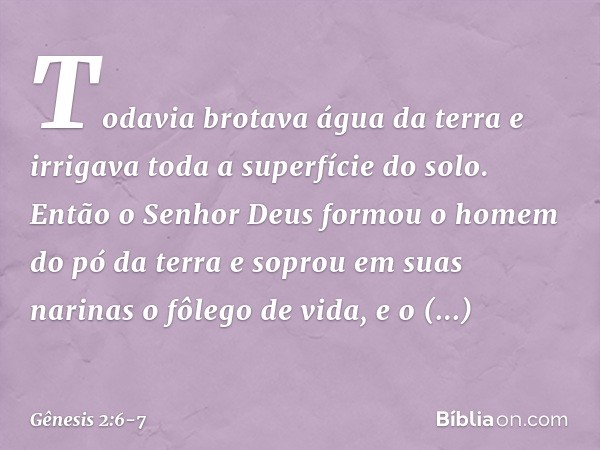 Todavia brotava água da terra e irrigava toda a superfície do solo. Então o Senhor Deus for­mou o homem do pó da terra e soprou em suas narinas o fôlego de vida