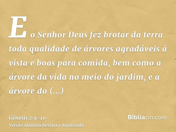 E o Senhor Deus fez brotar da terra toda qualidade de árvores agradáveis à vista e boas para comida, bem como a árvore da vida no meio do jardim, e a árvore do 