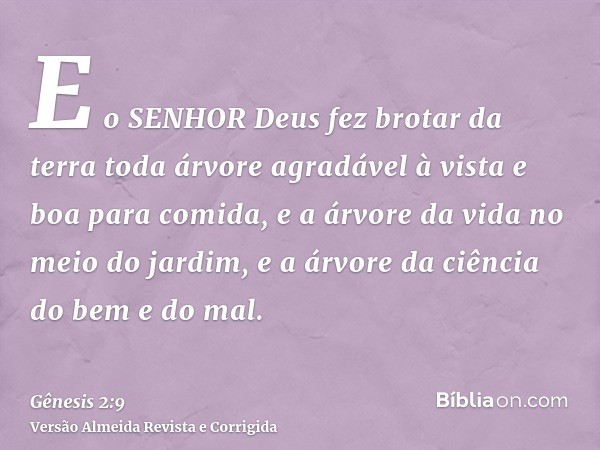 E o SENHOR Deus fez brotar da terra toda árvore agradável à vista e boa para comida, e a árvore da vida no meio do jardim, e a árvore da ciência do bem e do mal