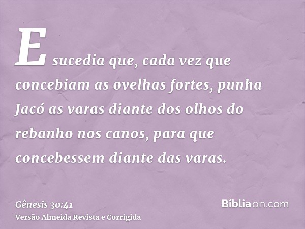 E sucedia que, cada vez que concebiam as ovelhas fortes, punha Jacó as varas diante dos olhos do rebanho nos canos, para que concebessem diante das varas.