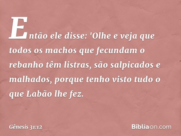 En­tão ele disse: 'Olhe e veja que todos os machos que fecundam o rebanho têm listras, são salpica­dos e ma­lhados, porque tenho visto tudo o que Labão lhe fez.