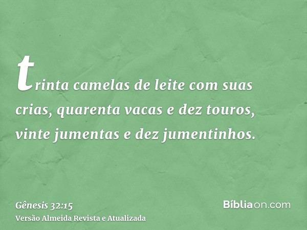 trinta camelas de leite com suas crias, quarenta vacas e dez touros, vinte jumentas e dez jumentinhos.