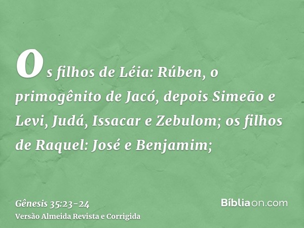 os filhos de Léia: Rúben, o primogênito de Jacó, depois Simeão e Levi, Judá, Issacar e Zebulom;os filhos de Raquel: José e Benjamim;