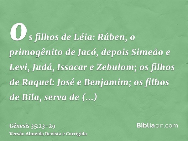 os filhos de Léia: Rúben, o primogênito de Jacó, depois Simeão e Levi, Judá, Issacar e Zebulom;os filhos de Raquel: José e Benjamim;os filhos de Bila, serva de 