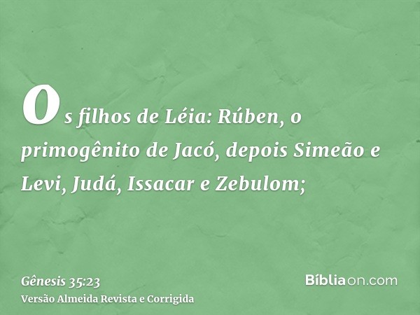 os filhos de Léia: Rúben, o primogênito de Jacó, depois Simeão e Levi, Judá, Issacar e Zebulom;