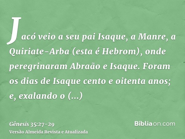 Jacó veio a seu pai Isaque, a Manre, a Quiriate-Arba (esta é Hebrom), onde peregrinaram Abraão e Isaque.Foram os dias de Isaque cento e oitenta anos;e, exalando