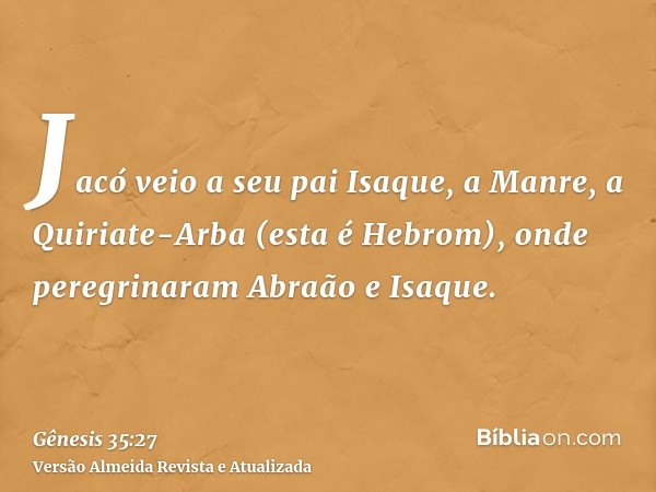 Jacó veio a seu pai Isaque, a Manre, a Quiriate-Arba (esta é Hebrom), onde peregrinaram Abraão e Isaque.