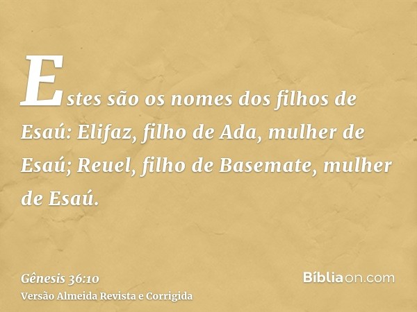 Estes são os nomes dos filhos de Esaú: Elifaz, filho de Ada, mulher de Esaú; Reuel, filho de Basemate, mulher de Esaú.