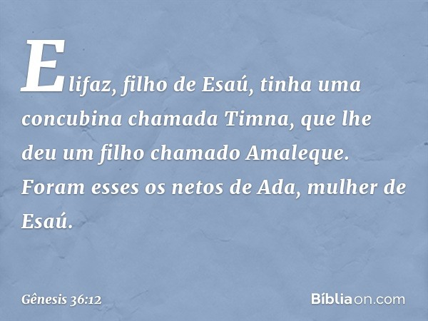 Elifaz, filho de Esaú, tinha uma concubi­na chamada Timna, que lhe deu um filho chama­do Amaleque. Foram esses os netos de Ada, mulher de Esaú. -- Gênesis 36:12