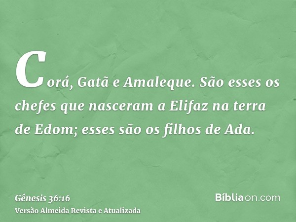 Corá, Gatã e Amaleque. São esses os chefes que nasceram a Elifaz na terra de Edom; esses são os filhos de Ada.