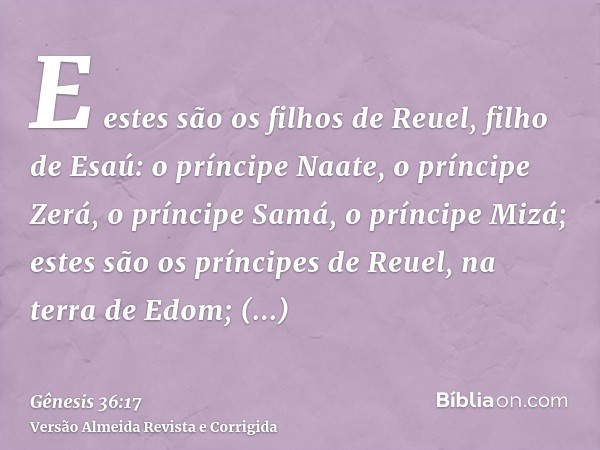 E estes são os filhos de Reuel, filho de Esaú: o príncipe Naate, o príncipe Zerá, o príncipe Samá, o príncipe Mizá; estes são os príncipes de Reuel, na terra de