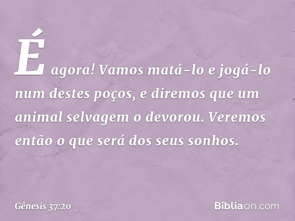 "É agora! Vamos matá-lo e jogá-lo num destes poços, e diremos que um animal selvagem o devorou. Veremos então o que será dos seus so­nhos." -- Gênesis 37:20