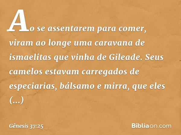 Ao se assentarem para comer, viram ao longe uma cara­vana de ismaelitas que vinha de Gileade. Seus camelos estavam carregados de especiarias, bálsamo e mirra, q