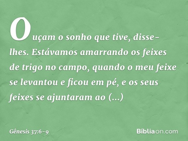 "Ouçam o sonho que tive", disse-lhes. "Estávamos amarrando os feixes de trigo no campo, quando o meu feixe se levantou e ficou em pé, e os seus feixes se ajunta