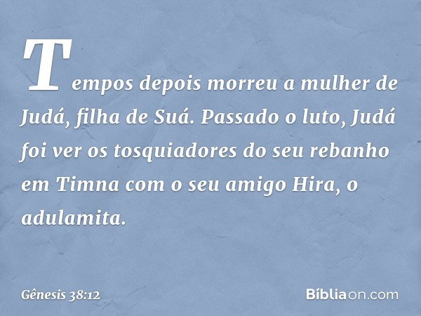 Tempos depois morreu a mulher de Judá, filha de Suá. Passado o luto, Judá foi ver os tosquiadores do seu rebanho em Timna com o seu amigo Hira, o adulamita. -- 