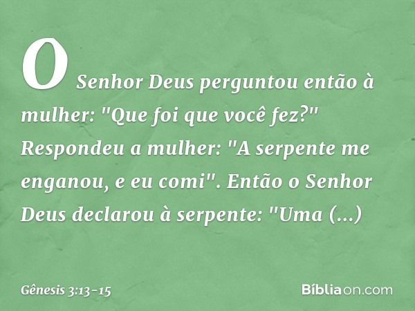 O Senhor Deus perguntou então à mu­lher: "Que foi que você fez?"
Respondeu a mulher: "A serpente me en­ganou, e eu comi". Então o Senhor Deus declarou à ser­pen