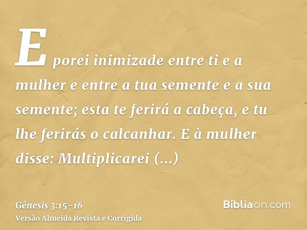 E porei inimizade entre ti e a mulher e entre a tua semente e a sua semente; esta te ferirá a cabeça, e tu lhe ferirás o calcanhar.E à mulher disse: Multiplicar