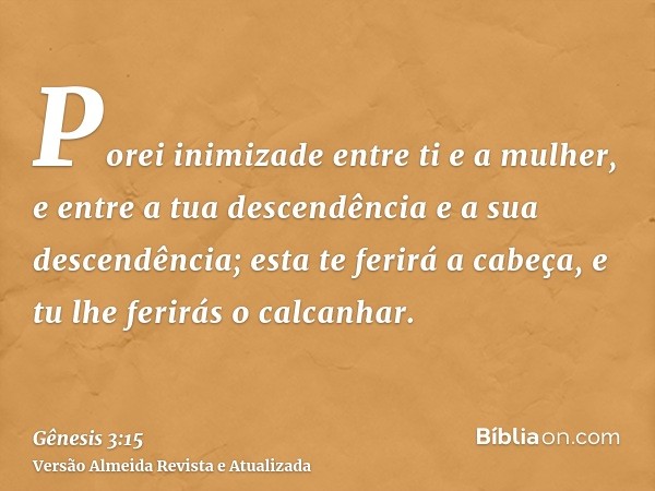 Porei inimizade entre ti e a mulher, e entre a tua descendência e a sua descendência; esta te ferirá a cabeça, e tu lhe ferirás o calcanhar.