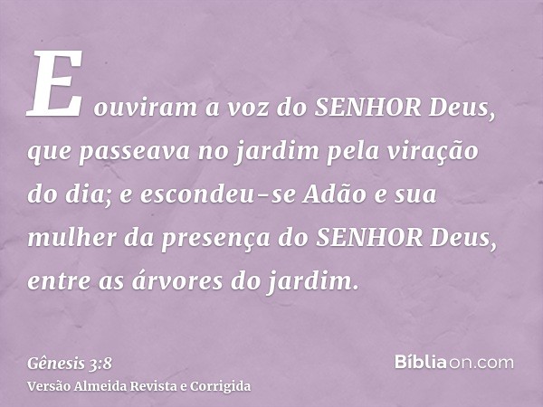 E ouviram a voz do SENHOR Deus, que passeava no jardim pela viração do dia; e escondeu-se Adão e sua mulher da presença do SENHOR Deus, entre as árvores do jard
