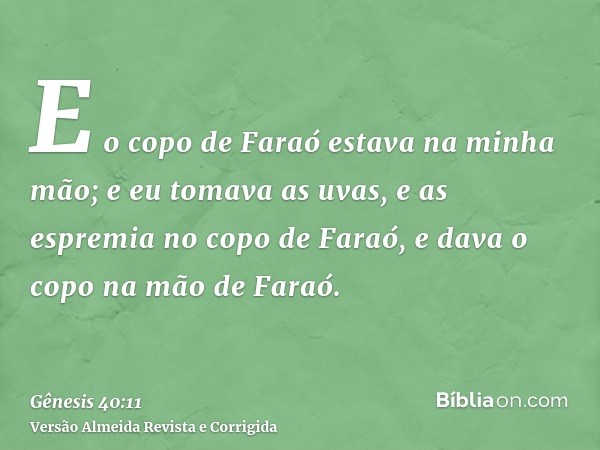 E o copo de Faraó estava na minha mão; e eu tomava as uvas, e as espremia no copo de Faraó, e dava o copo na mão de Faraó.