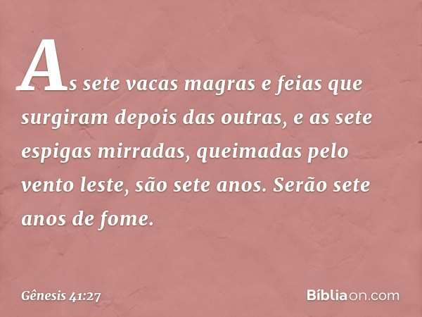 As sete vacas magras e feias que surgiram depois das outras, e as sete espigas mirradas, quei­madas pelo vento leste, são sete anos. Serão sete anos de fome. --