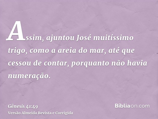 Assim, ajuntou José muitíssimo trigo, como a areia do mar, até que cessou de contar, porquanto não havia numeração.