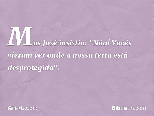 Mas José insistiu: "Não! Vocês vieram ver onde a nossa terra está desprotegida". -- Gênesis 42:12