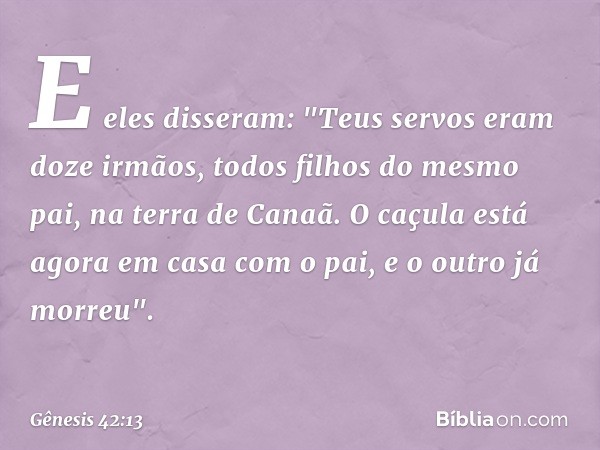 E eles disseram: "Teus servos eram doze irmãos, todos filhos do mesmo pai, na terra de Canaã. O caçula está agora em casa com o pai, e o outro já morreu". -- Gê