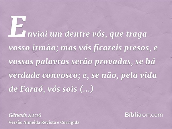 Enviai um dentre vós, que traga vosso irmão; mas vós ficareis presos, e vossas palavras serão provadas, se há verdade convosco; e, se não, pela vida de Faraó, v
