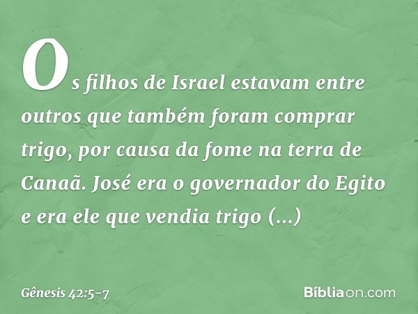 Os filhos de Israel estavam entre outros que tam­bém foram comprar trigo, por causa da fome na terra de Canaã. José era o governador do Egito e era ele que ven­
