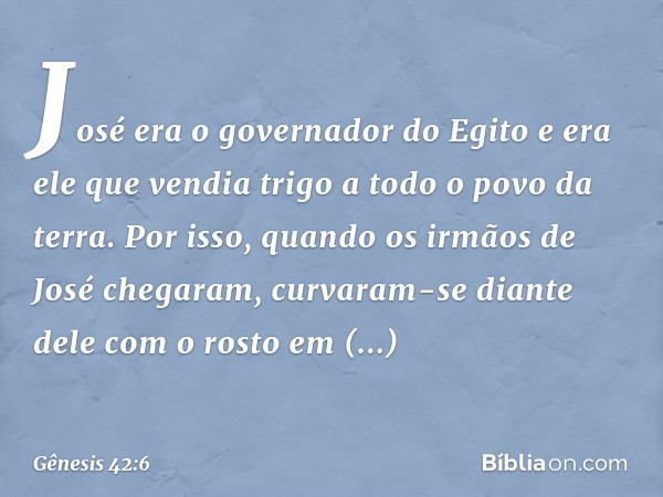 José era o governador do Egito e era ele que vendia trigo a todo o povo da terra. Por isso, quando os irmãos de José chegaram, curvaram-se diante dele com o